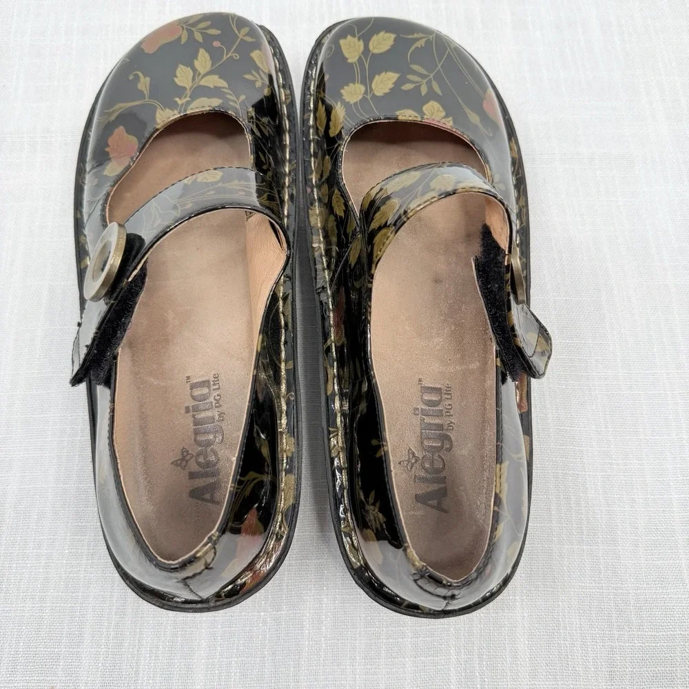 Alegria Paloma Black Patent Floral Mary Jane Comfort Shoes Nursing Shoes EU 39
